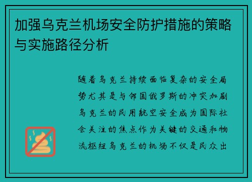 加强乌克兰机场安全防护措施的策略与实施路径分析